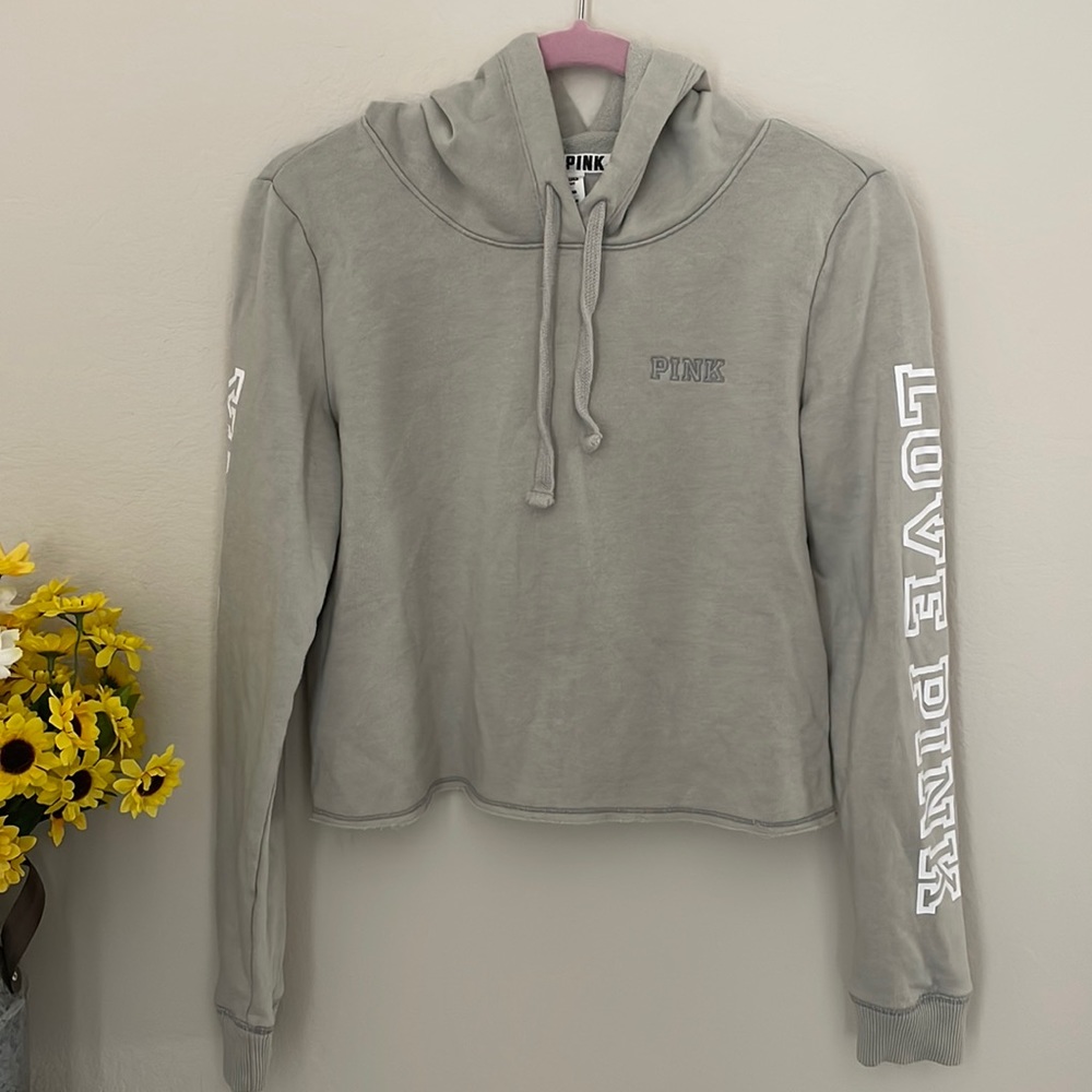 Victorias Secret PINK Grey Crop Hooded Sweatshirt Size Small